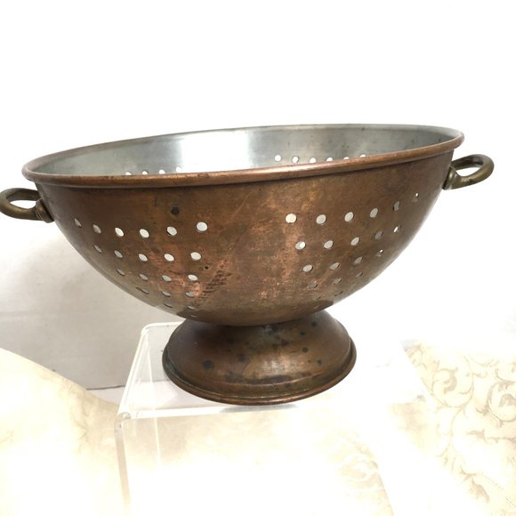 COPPER Collander  with silver metal interior – brass handles VTG - Picture 2 of 10